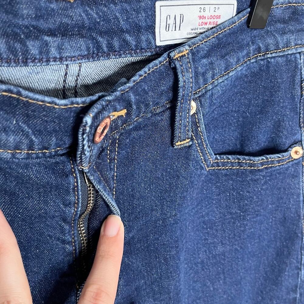 GAP 90s Loose Low Rise Jeans Petite 26 Dark Wash Wide Leg Baggy - Picture 6 of 11